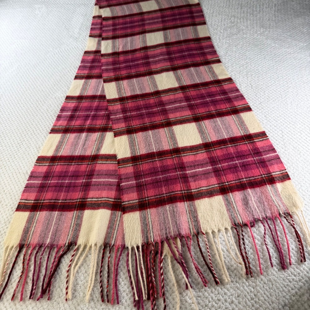 V. Fraas Cashmink Scarf Pink Cream Red Plaid Acrylic Made in Germany Fringe